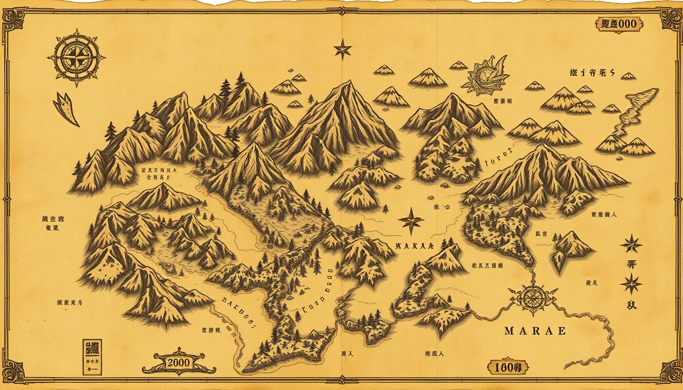 Fantasy Maps idea: fantasy world map, hand-drawn cartography, aged parchment, mountains forests and coastlines, 这是一片有着约2500-3000万平方公里的大陆 在大陆中心有一个650万平方公里的国家 在北侧类似西伯利亚 但是