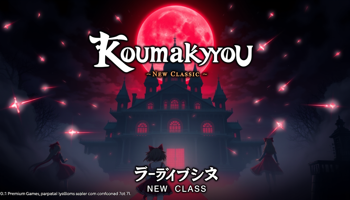 AI Art prompt example created from the prompt: Touhou Koumakyou: New Classic, Reimu Hakurei and Marisa Kirisame facing the Scarlet Devil Mansion, dramatic red moon, magical particles and 