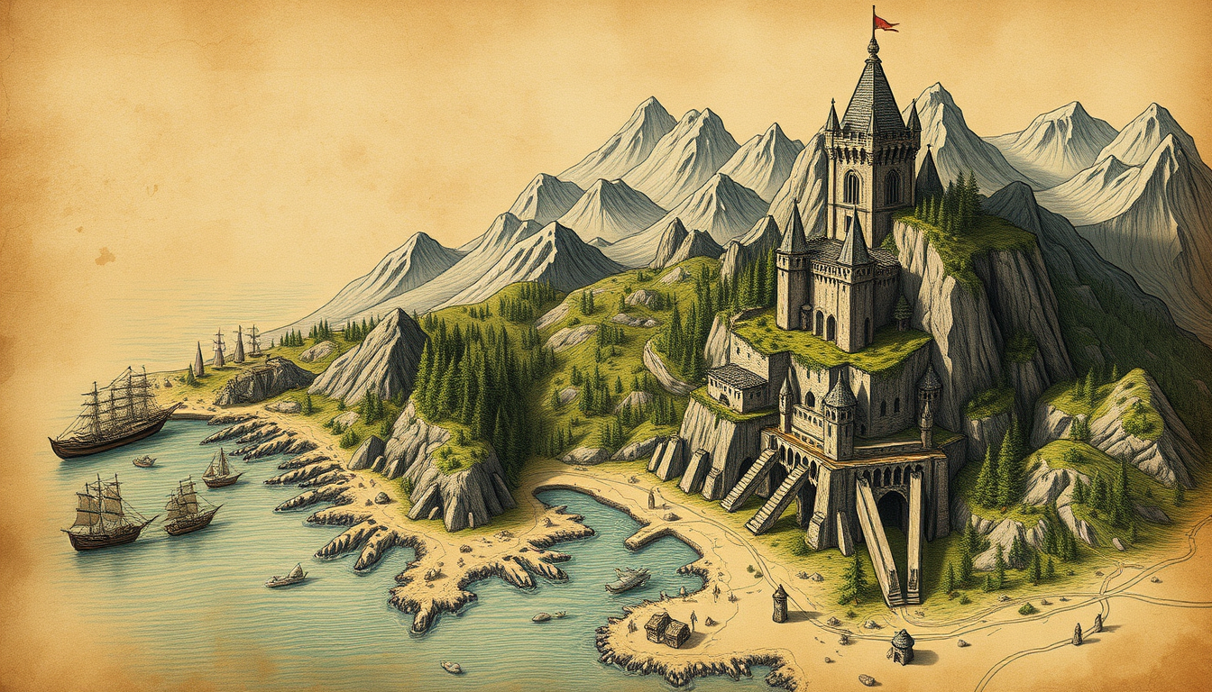 Fantasy Maps idea: fantasy world map, hand-drawn cartography, aged parchment, mountains forests and coastlines, Großer Planet mit einem Turm sehr detailliert maximal Det