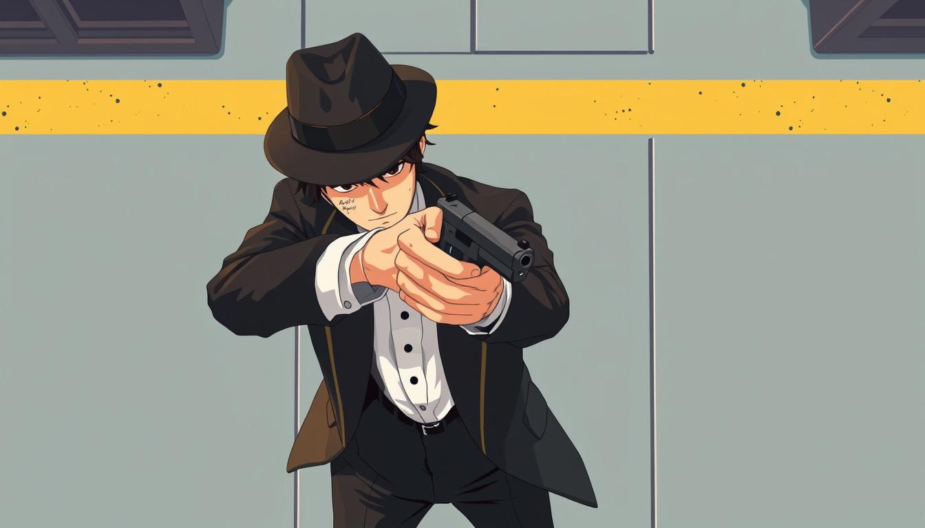 Game Asset idea: 2D game asset, clean isolated object, consistent art style, Pls make a top-view vision of a pixalated Japanese P.I wearing a tuxedo,fedora and he's ai