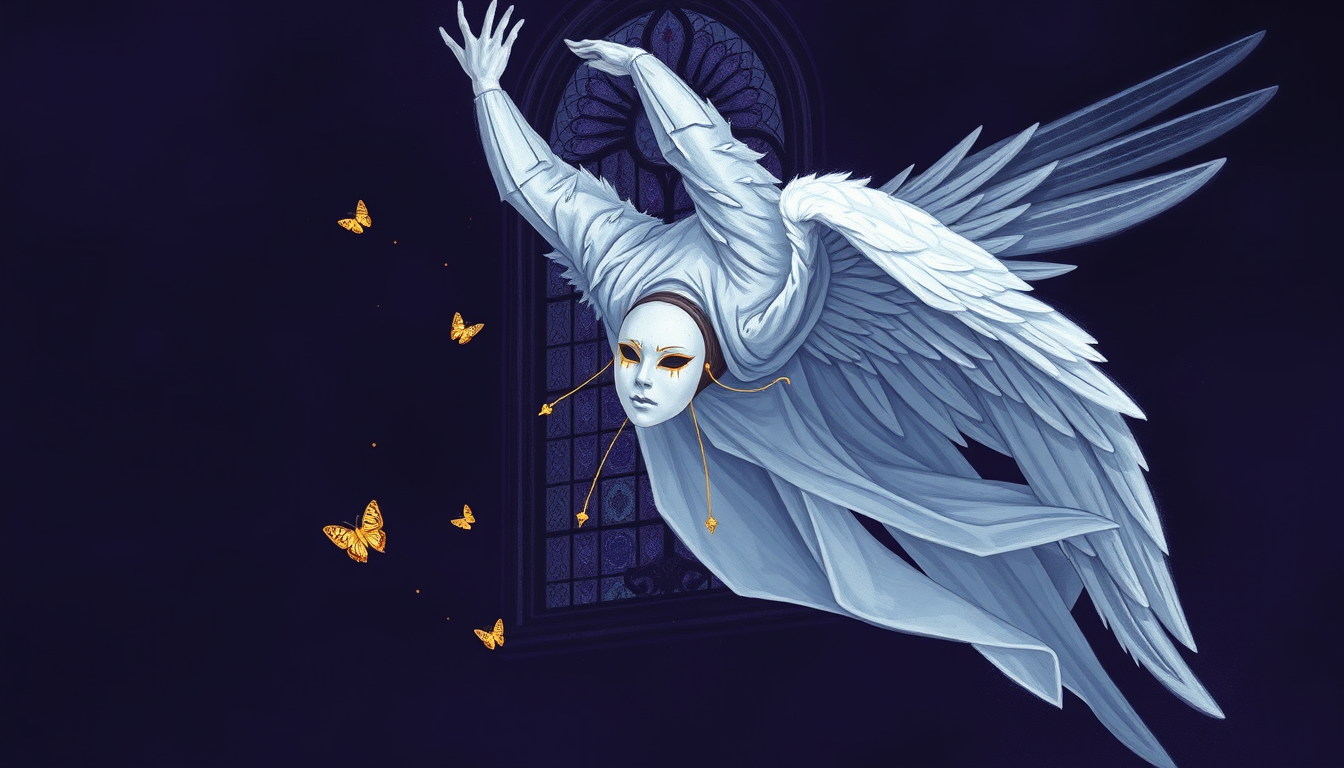 Main art studio: Dark fantasy 2D illustration titled “Heavenly Parasite”. A fallen angel descending upside down through a dark purple cosmic void. Large, pure white fe
