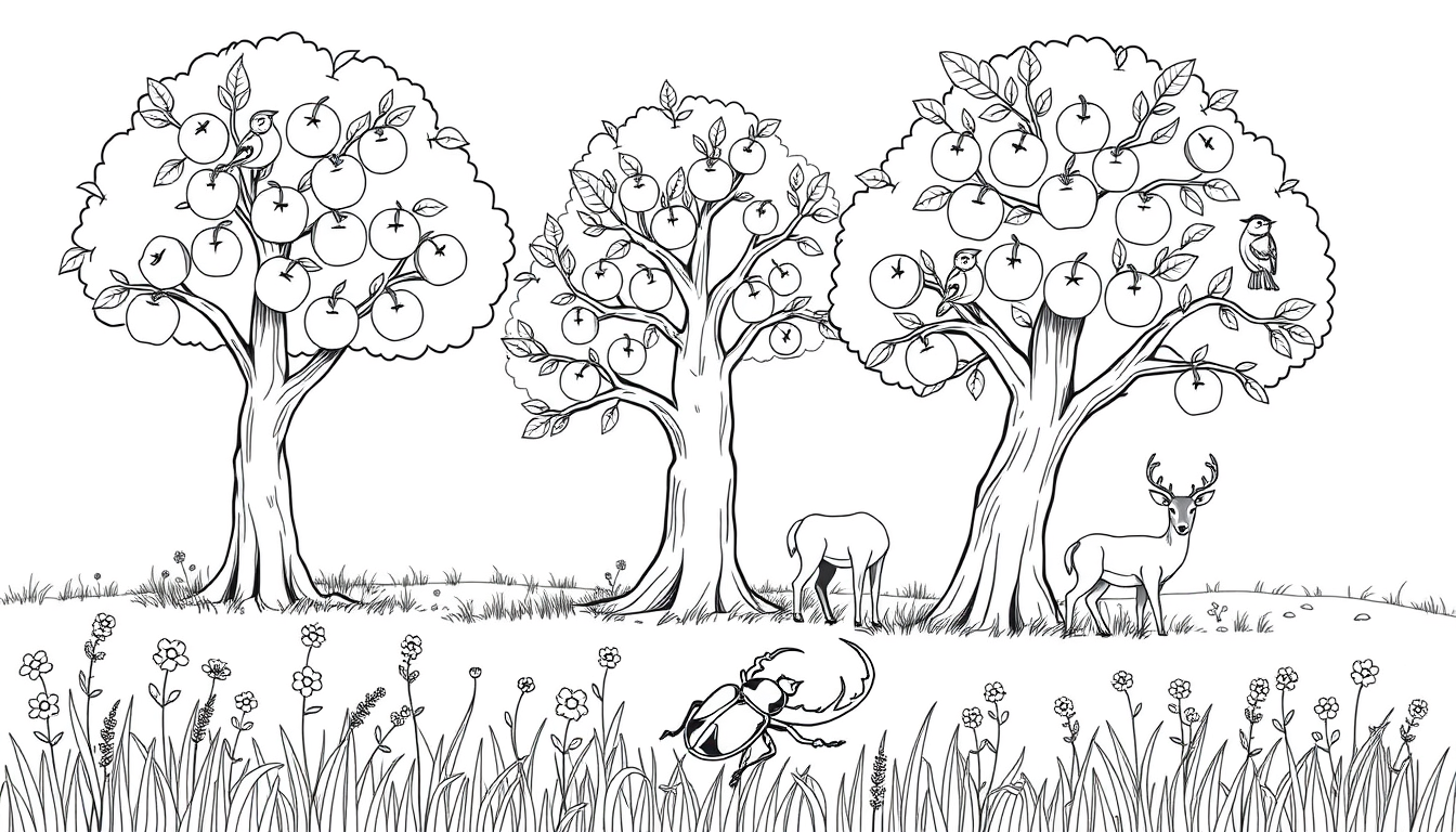 Main art studio: Children's coloring page, A4 portrait, black ink line art on white background. A German meadow orchard with 3 large apple trees. A titmouse on a branc