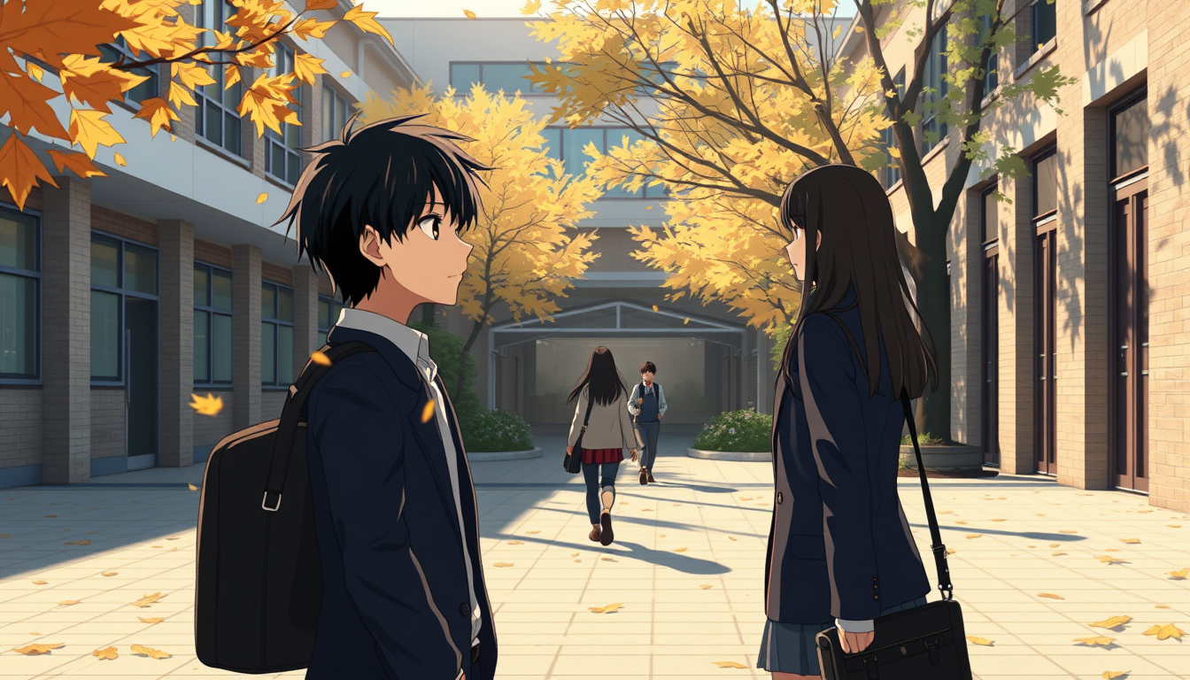 Main art studio: Create Scene 7 of the original cinematic Japanese anime romance movie October Theory. Haruki Tanaka, a 17-year-old Japanese high school boy with messy