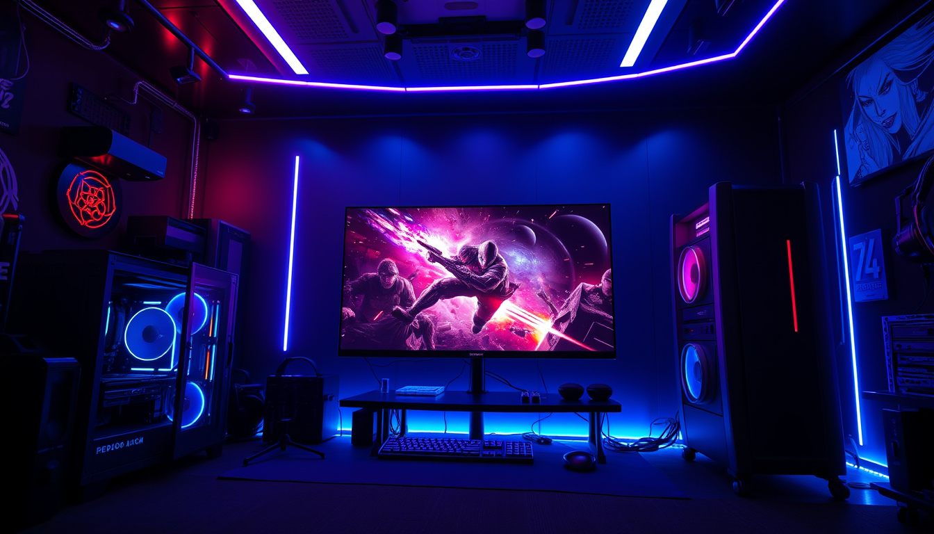 Main art studio: Epic gaming channel banner, dark futuristic gaming room, powerful gaming PC, RGB lights, huge monitor showing an intense action game, neon blue and pu