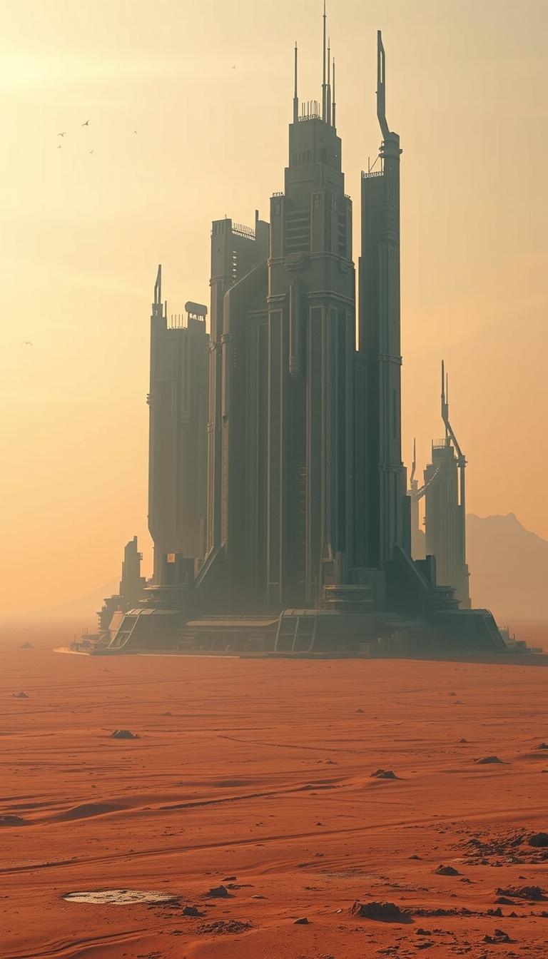 Main art studio: Abandoned futuristic city surrounded by endless dry ocean floor, orange skies, cinematic, ultra realistic, 9:16