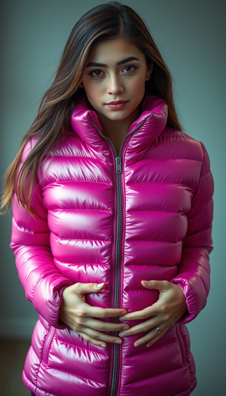 Main art studio: Beautiful young adult woman with long hair, wearing a shiny fuchsia pink puffer jacket fully zipped up to the chin. She has a noticeably rounded, bloa