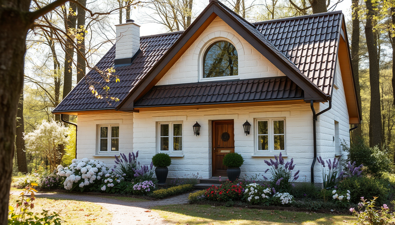 Main art studio: erstelle mir ein bild von einem kleinen märchenhaftem haus das haus steht im wald es ist sehr sonnig der vorgarten des hauses ist voll mit blumen und