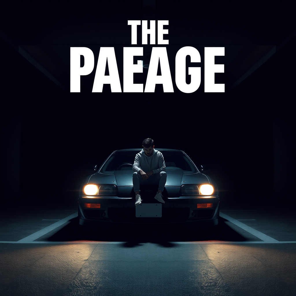 Album Cover idea created from the prompt: album cover art, square 1:1 format, evocative imagery, bold typographic space, Person sitting on a car in a dark parking garage with illumin