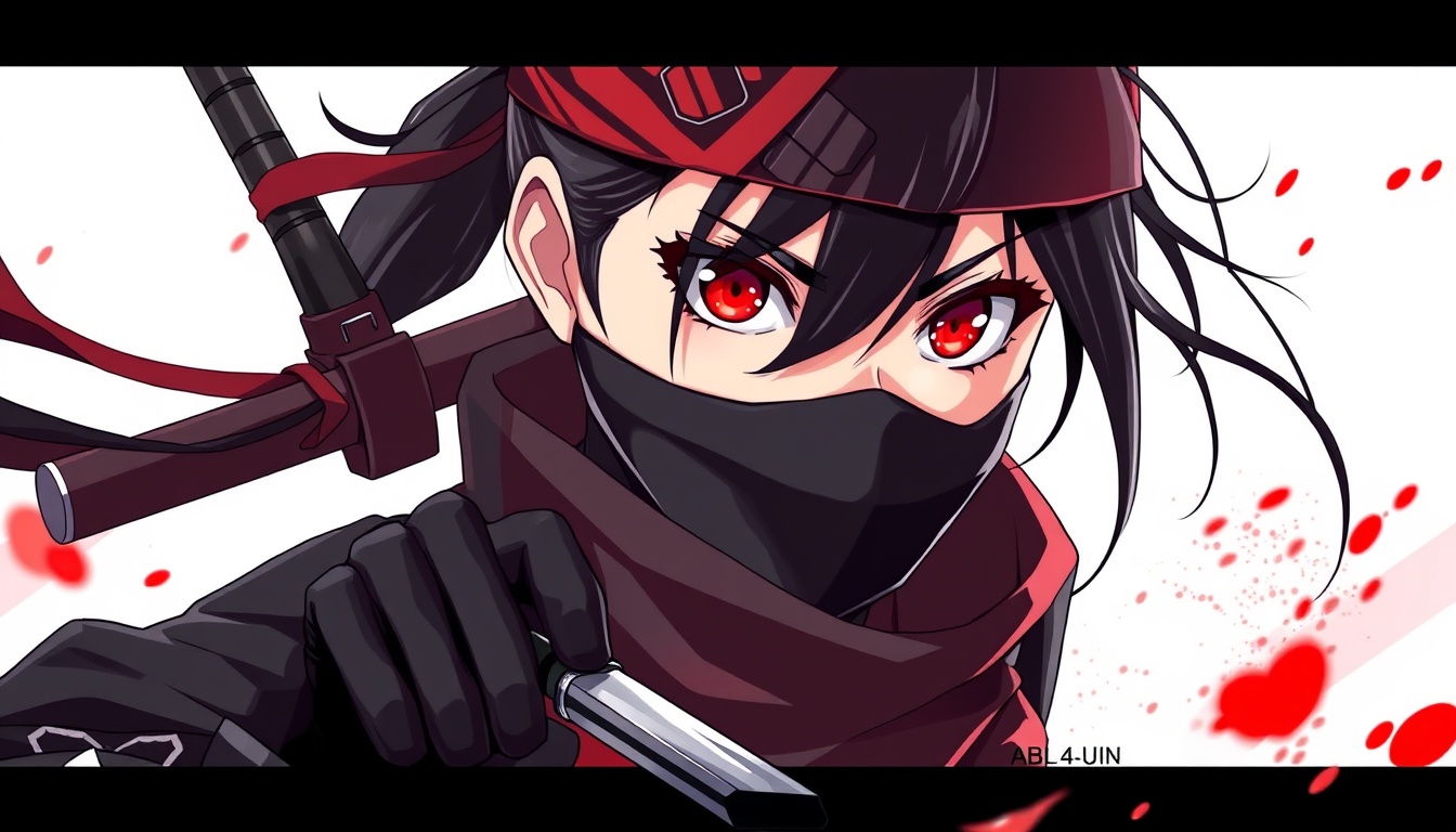 Anime idea created from the prompt: anime style, vibrant colors, expressive eyes, nime female ninja assasin black and red , detailed anime illustration