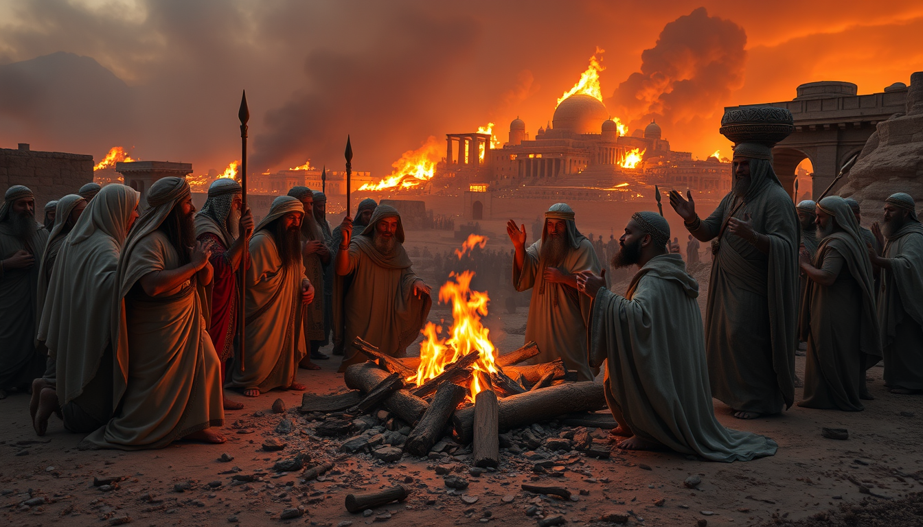AI Art prompt example created from the prompt: israelites worshipping God after defeating the armies of ai. make the city of ai burning and in the distance make the israelites worshipping