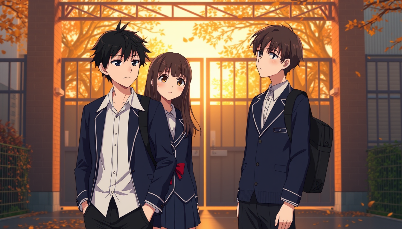 Main art studio: Create Scene 8 of the original cinematic Japanese anime romance movie October Theory. After school, near the gates of a Japanese high school in Octobe