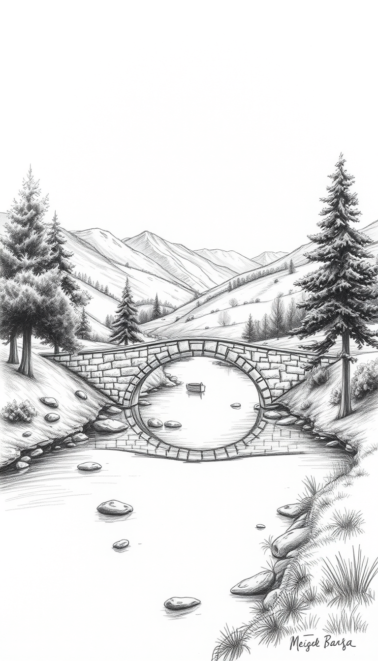 Main art studio: Un dessin de paysage au crayon de papier, en noir et blanc, de niveau intermédiaire, réaliste mais facile à reproduire à la main. Au centre, un joli p