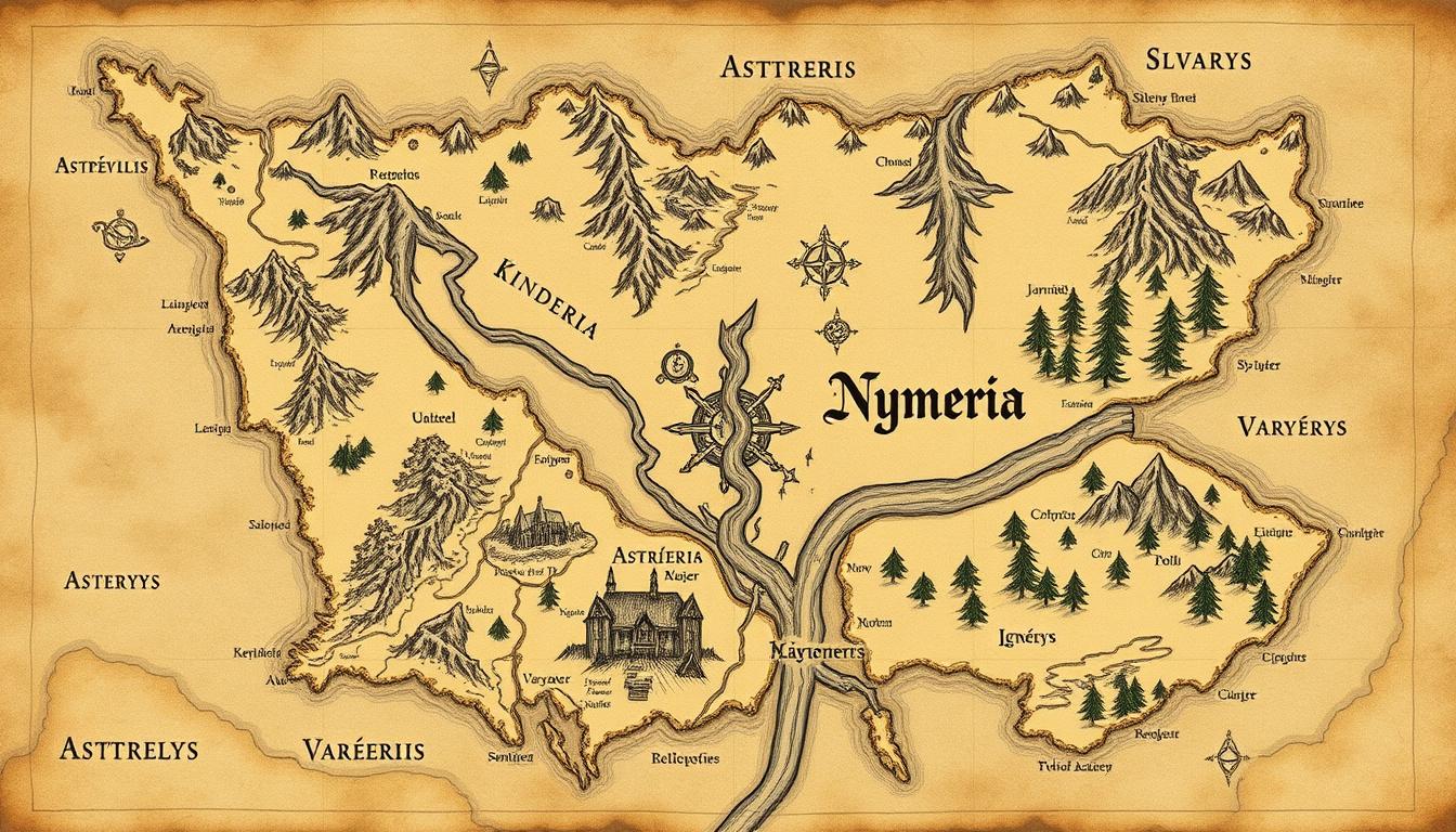Fantasy Maps idea: fantasy world map, hand-drawn cartography, aged parchment, mountains forests and coastlines, There is a continent called Nyméria. Within this continen