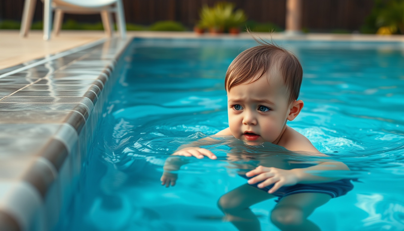 Main art studio: Realistic vertical 9:16 photograph of the same young child in the same swimming pool looking frightened and struggling in the water, while the mother 