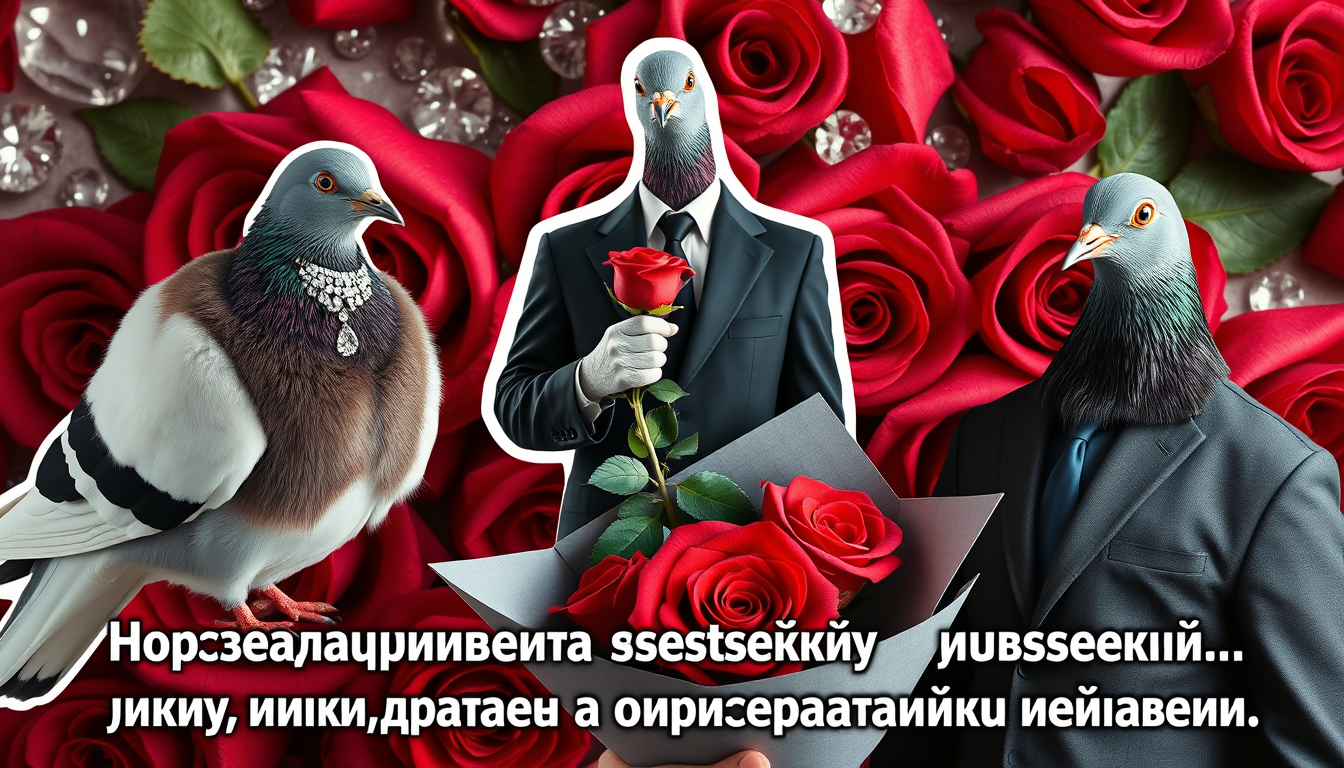 Main art studio: Vertical 9:16 surreal luxury meme collage. Background of glossy red roses and sparkling diamonds. Three realistic cut-out photo pigeons: center one in