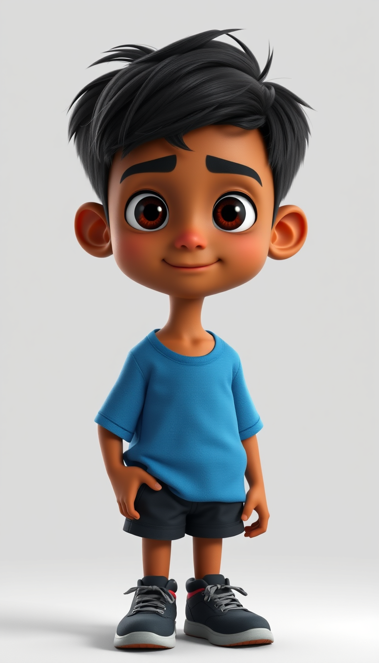 Main art studio: A 13-year-old Indian school boy, slim build, medium brown skin, short slightly messy black hair, expressive dark brown eyes, kind and determined face,