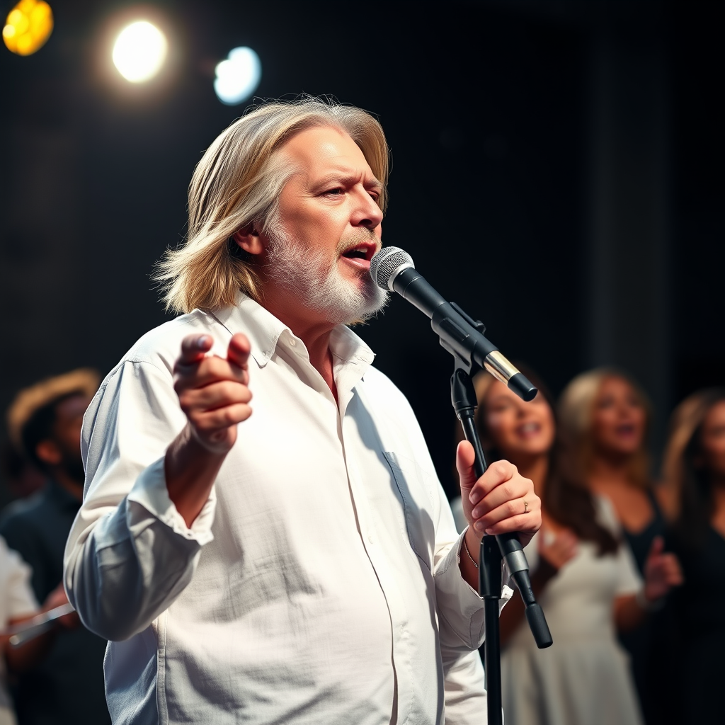 Main art studio: a white middle aged singer with longish hair and face stubble, holding a microphone singing on stage, with a mixed male and female, black and white go