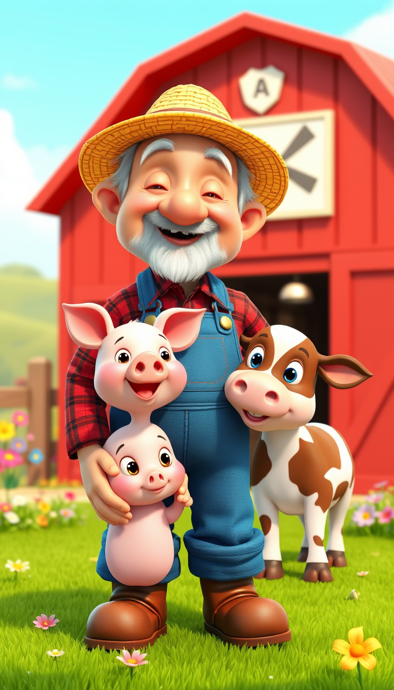Main art studio: Cute friendly elderly farmer named Old MacDonald wearing blue overalls, a red plaid shirt, brown boots and a straw hatertical happily greeting a cute