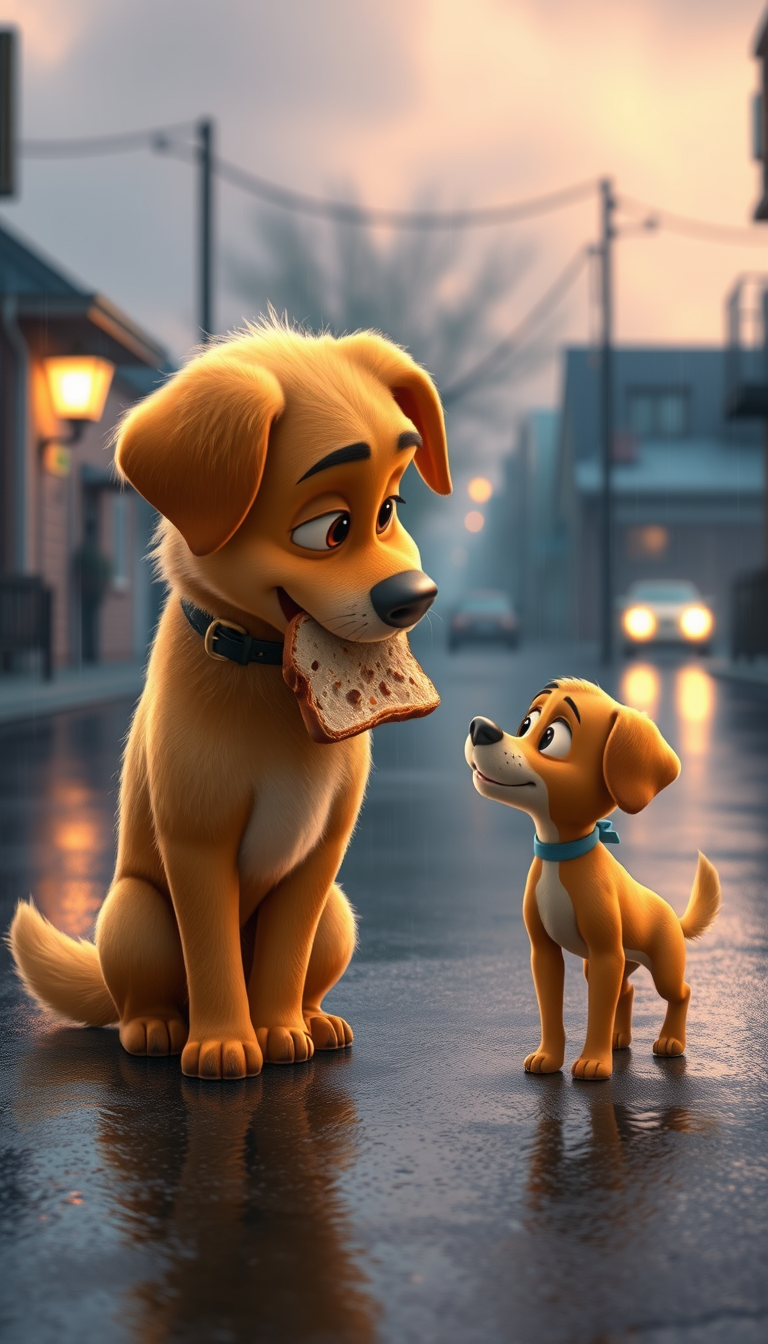 Main art studio: The same big golden-brown dog Bruno gently looking at the smaller skinny light-brown dog Max, Bruno holding the warm piece of bread in his mouth and w