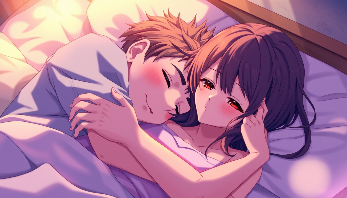 Anime idea: anime style, vibrant colors, expressive eyes, A romantic, cozy scene of a boy peacefully sleeping with his head resting on his girlfriend’s chest whil