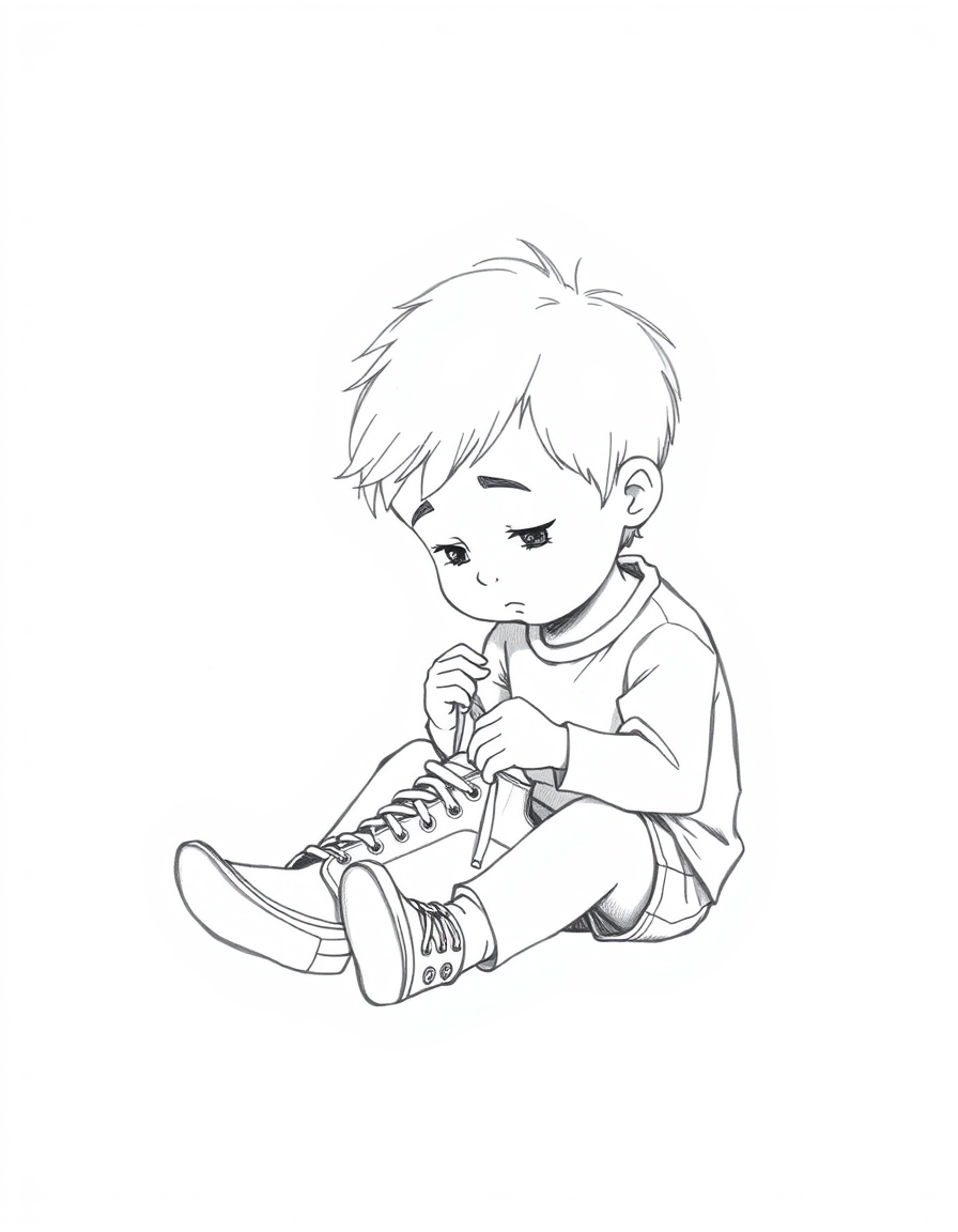 Main art studio: Minimalist black and white pencil sketch, a cute little boy sitting on the floor at home, closely examining his sneaker with a confused curious expres