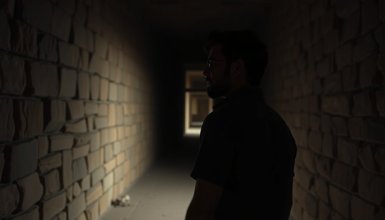 Main art studio: An adult male visitor standing inside a deserted Bhangarh Fort passage at dusk, looking back nervously after hearing an unexplained sound, empty stone