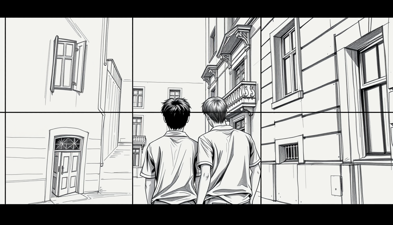 Storyboard idea created from the prompt: storyboard panels, cinematic shot sequence, clear camera angles, grayscale sketch layout, readable scene flow, plano medio conjunto de 2 chi
