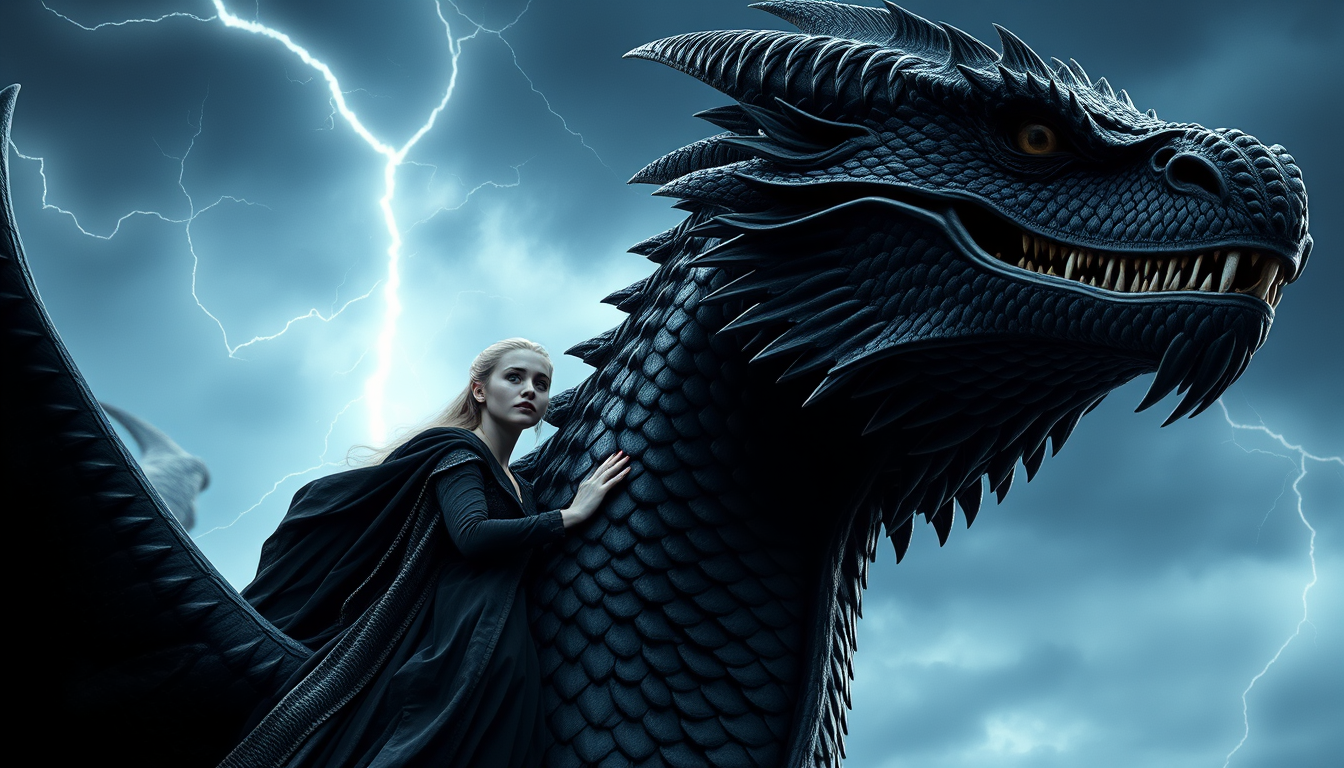 AI Art prompt example created from the prompt: Create a cinematic, photorealistic fantasy portrait of the person in the reference photo riding a massive dark dragon. Preserve her facial f
