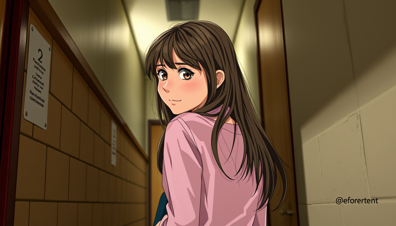Main art studio: Une fille ado à la peau mate et aux cheveux longs et yeux bruns (cheveux relevés en queue-de-cheval) qui rigole dans un couloir d'un collège, avec ses