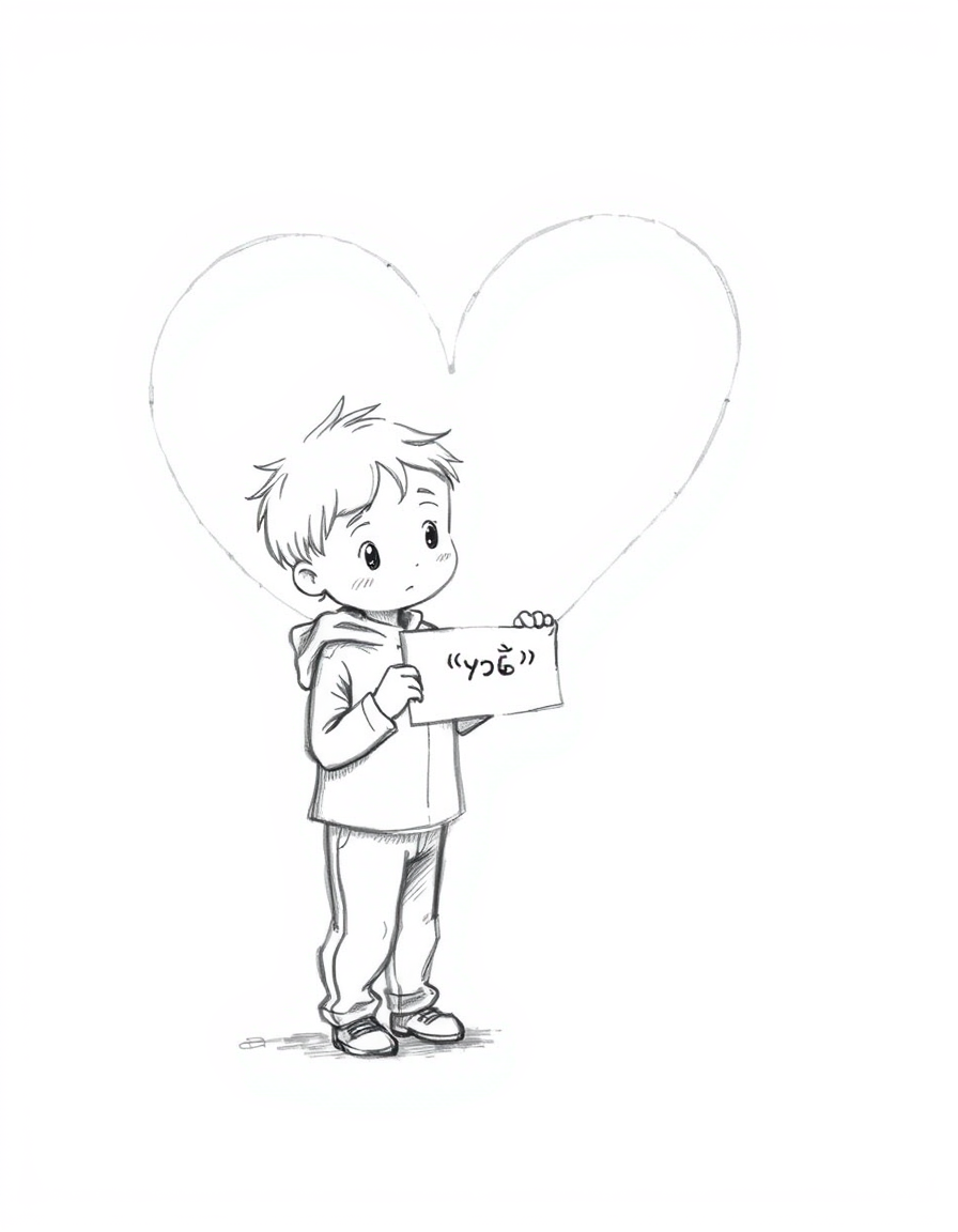 Main art studio: **Prompt:** A simple black-and-white pencil sketch, like a child casually drew it. A little boy stands quietly in front of a girl, holding a tiny piec