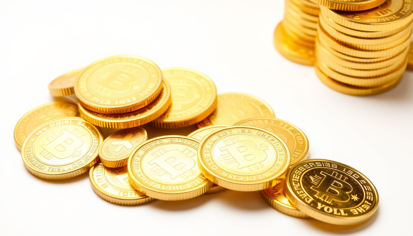 Main art studio: gold shiny money coins lying in a pile next to a stack of gold coins on a clear white background