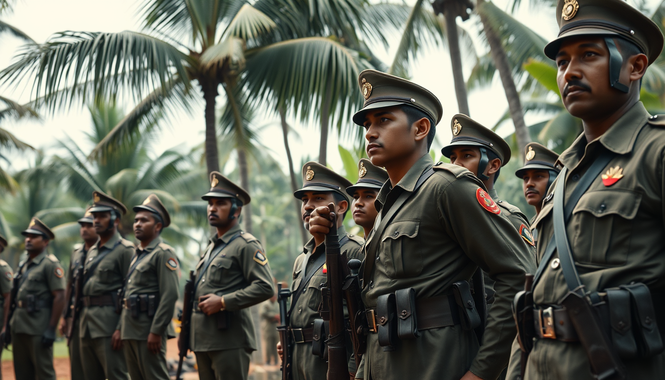 Main art studio: Ultra photorealistic cinematic 4K historical scene of Indian National Army soldiers standing in disciplined formation in Southeast Asia during the 194