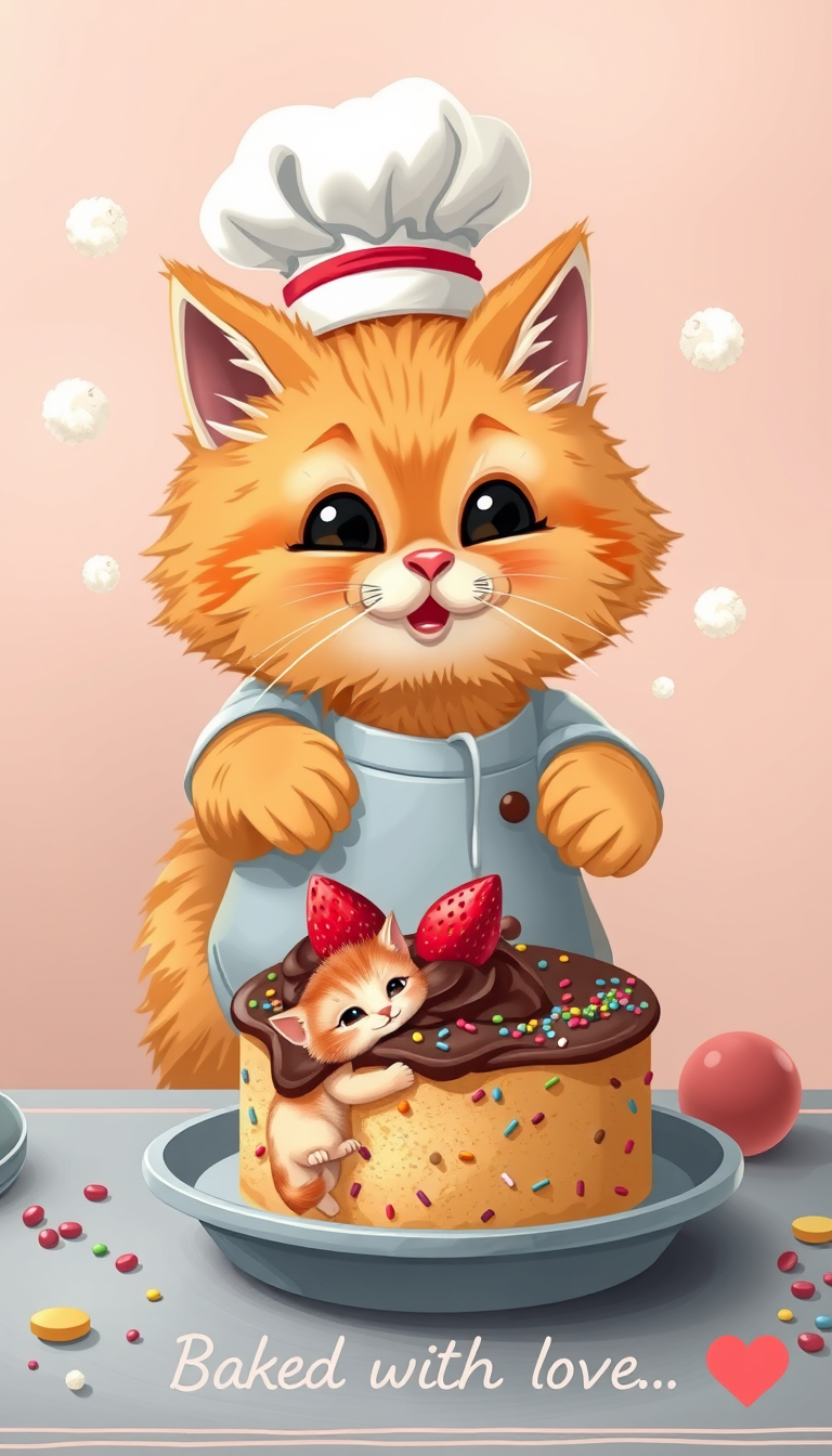 AI Art prompt example created from the prompt: A fluffy orange cat wearing a tiny chef’s hat decides to bake a cake. It gathers flour, eggs, milk, butter, and sugar, then mixes everything