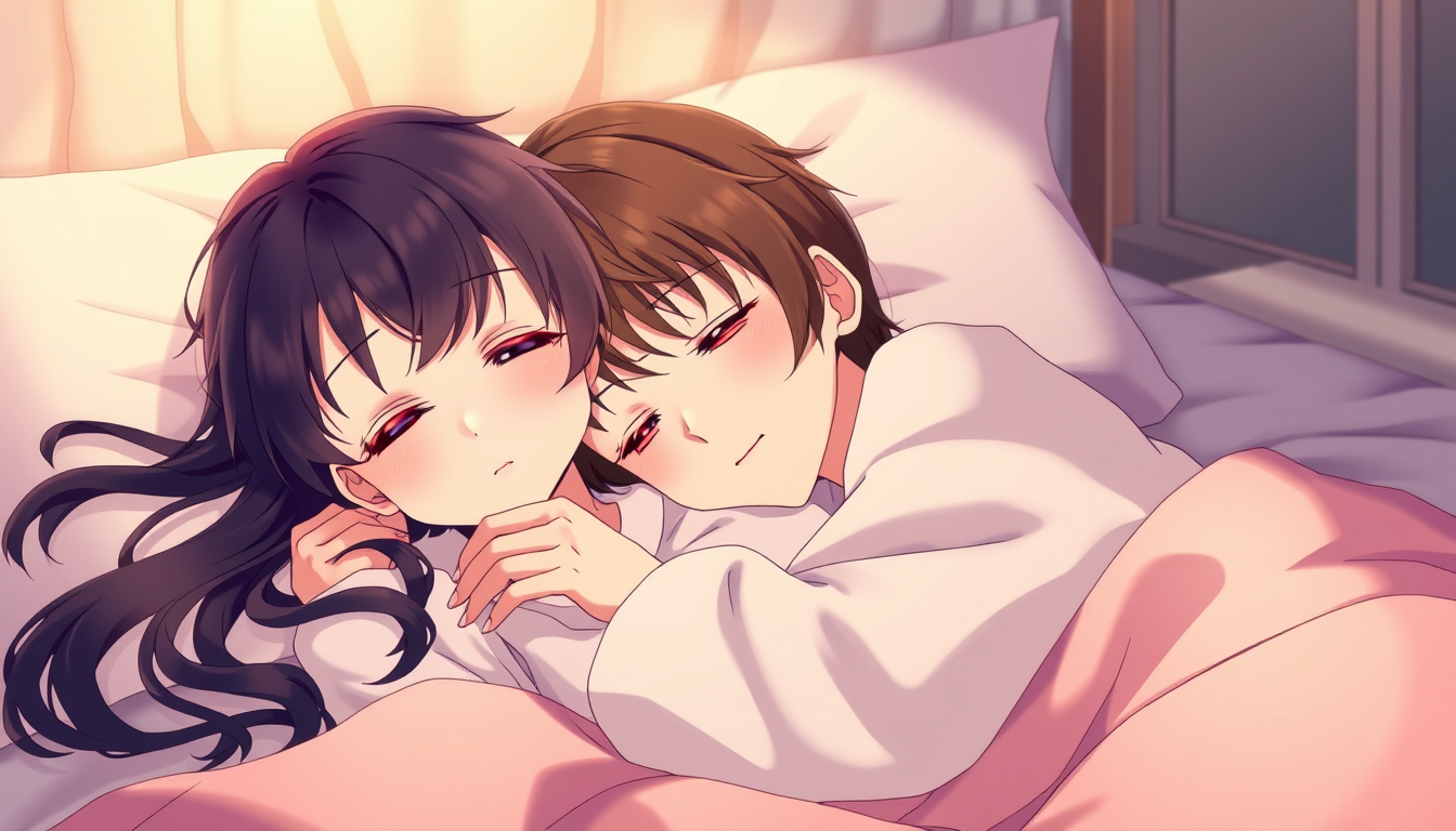 Anime idea: anime style, vibrant colors, expressive eyes, Beautiful Japanese anime couple cuddling on a cozy bed. Sleepy boy resting his head on his adult girlfri