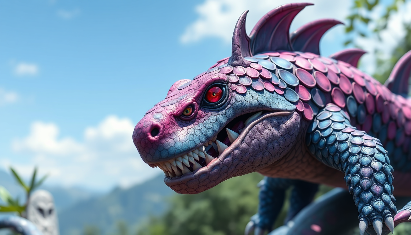 Main art studio: can you make me a pic of a monsor that is pink with blue scales and purple sacles blak naials and ponty teeth make it sacry but no grim thank you