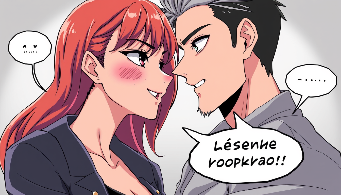 Anime idea: anime style, vibrant colors, expressive eyes, Two attractive adult lovers, intense eye contact, very close faces, confident teasing, blushing, seducti