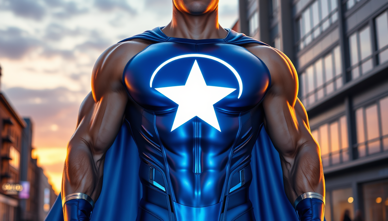 Main art studio: Un super-héros très musclé portant un costume bleu métallique, avec une grande étoile blanche stylisée au centre du torse. L'étoile semble s'enrouler