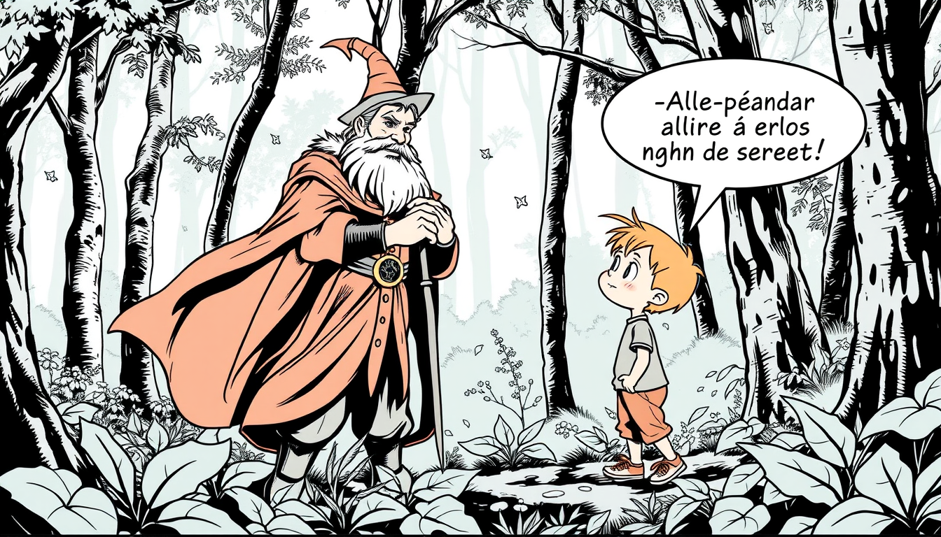 AI Comic idea created from the prompt: comic panel, bold inks, halftone shading, speech-bubble ready composition, Faire un dessin dans le style bd belge Dans une forêt, Un grand p