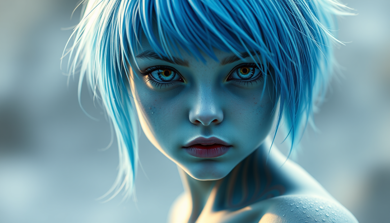 Main art studio: Crea ina imagen de una chica pelo azul al edtilo de dibuho de alien stage