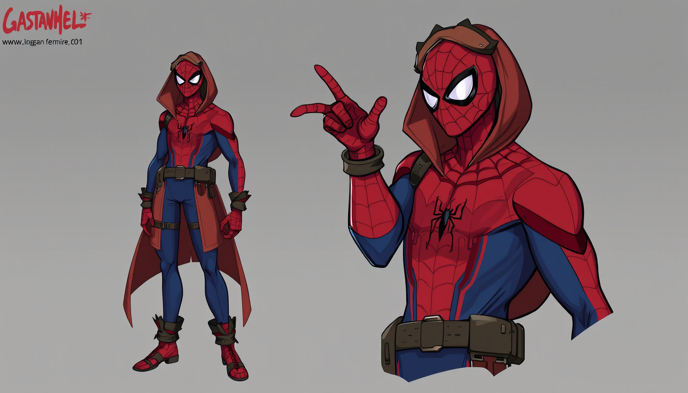 Characters idea: original character design, detailed outfit and accessories, expressive personality, spiderman , character concept art illustration