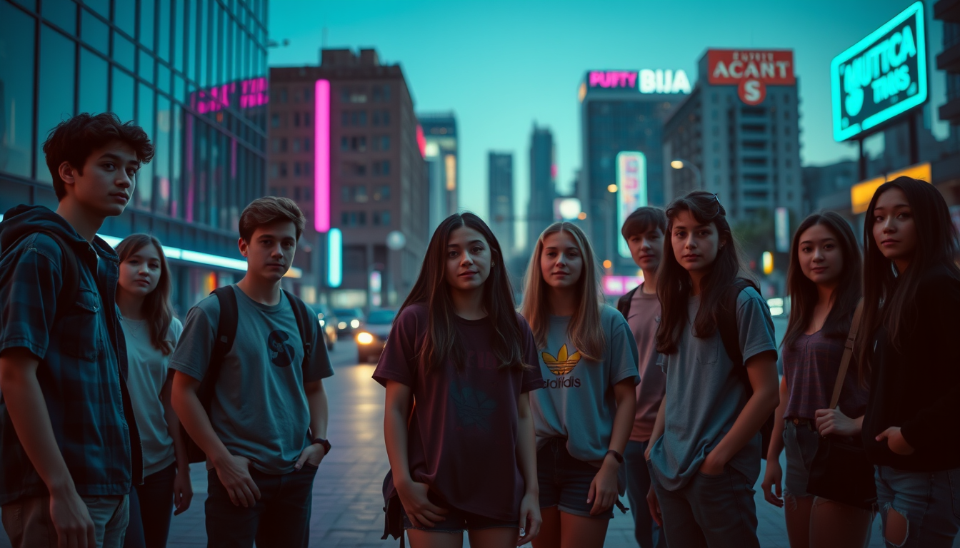 AI Art prompt example created from the prompt: Wide cinematic scene about modern youth and teenage life, a diverse group of teenagers standing together in a modern urban environment, view