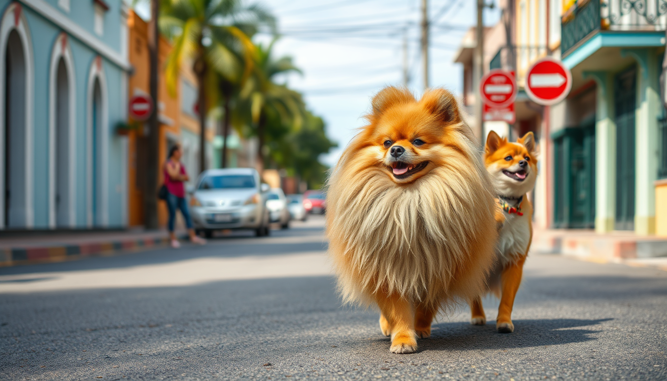 Main art studio: has una imagen de un perro pomerania caminando por la calle con una señora viejita