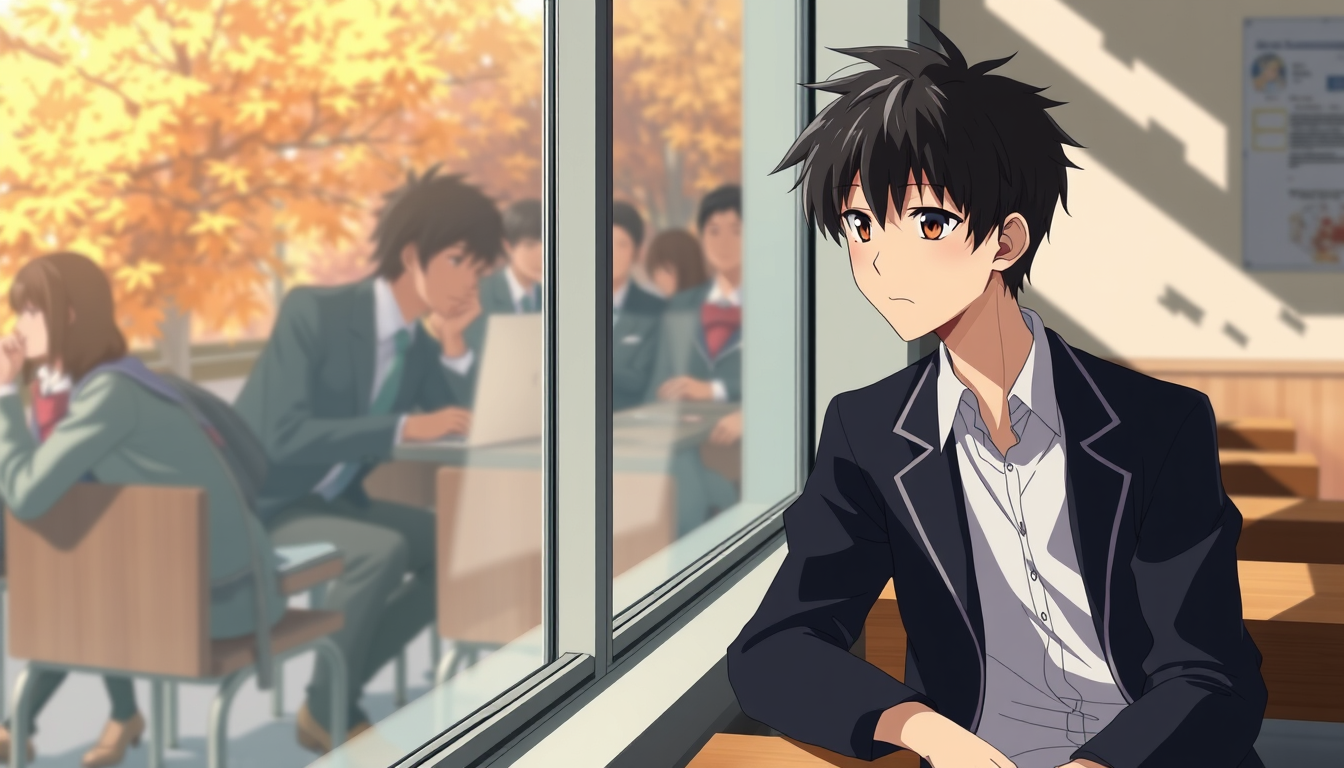 Main art studio: Haruki Tanaka, 17-year-old shy Japanese high school boy with messy black hair and dark brown eyes, wearing a navy school blazer and white shirt, sitti