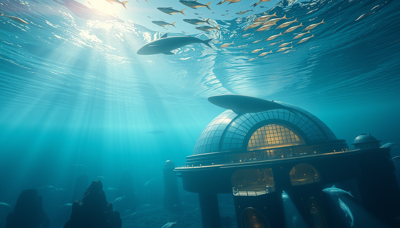 Main art studio: A futuristic underwater city beneath crystal-clear ocean water, giant glass domes, glowing marine life, whales swimming overhead, sun rays penetrating