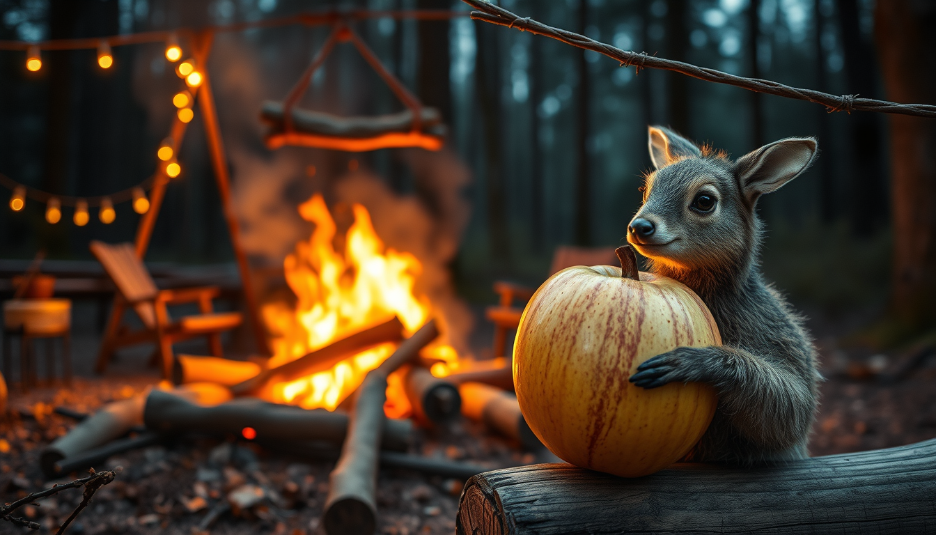Main art studio: Fotorealistisches, hochwertig ausgeleuchtetes humoristisches Szenenfoto bei Nacht: ein romantisches Lagerfeuer in einer idyllischen Waldlichtung, warm