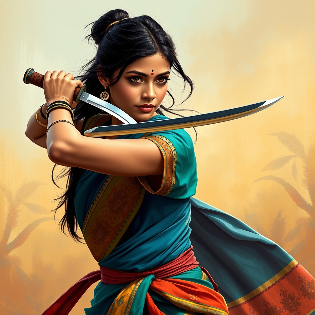 Main art studio: an outline of an indian looking, young woman, her hair loosely tied together. she is dressed in a traditional sari with blue green and warm colors and