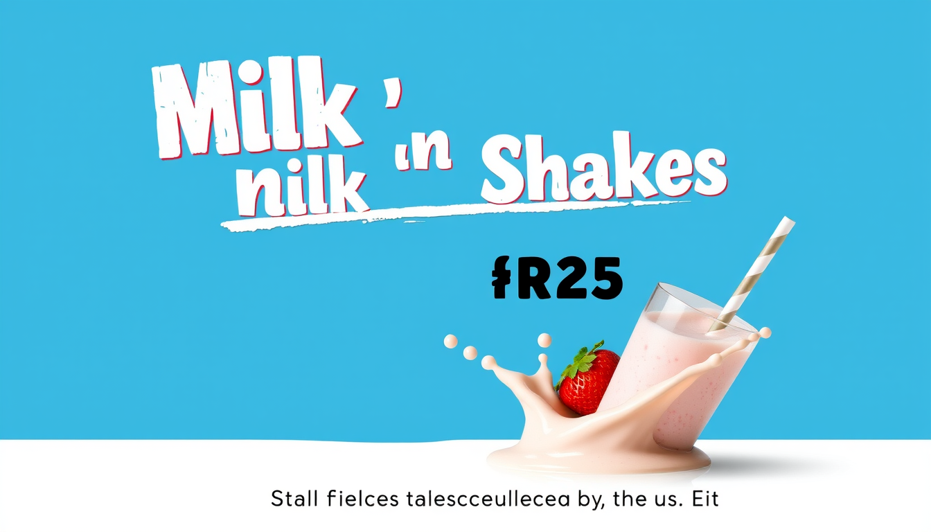 Main art studio: generate an advert with a blue blackground with the title as Milk 'n Shakes in torn newspaper font with a strawberry milkshake tilted to the right cre