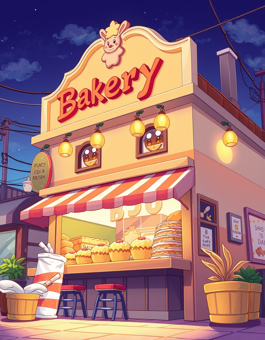 Anime idea: anime style, vibrant colors, expressive eyes, create a bakery building with simple Toon cel-shaded artstyle , detailed anime illustration