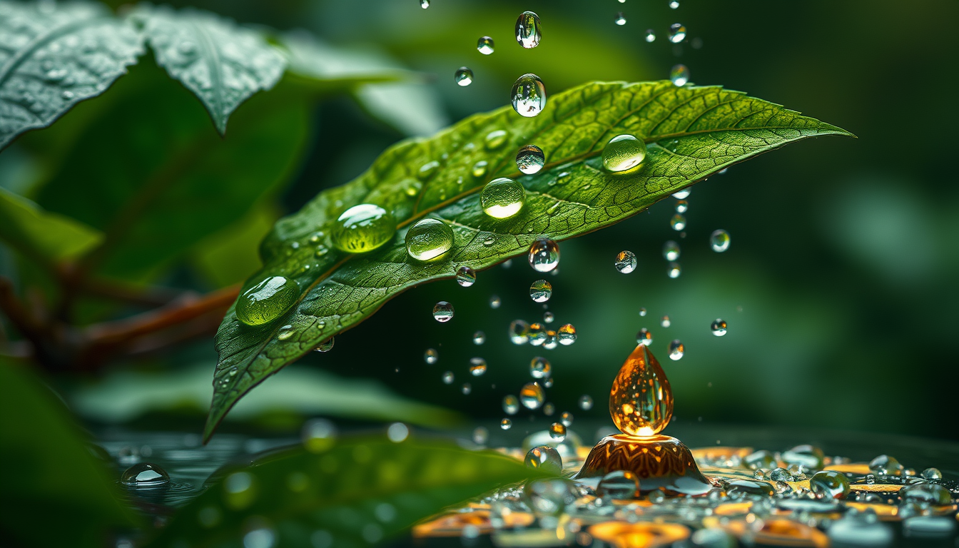 Main art studio: Prompt: Close-up of water droplets and green Bael leaves falling softly onto a sacred Shivling from above, glowing spiritual light, divine atmosphere,