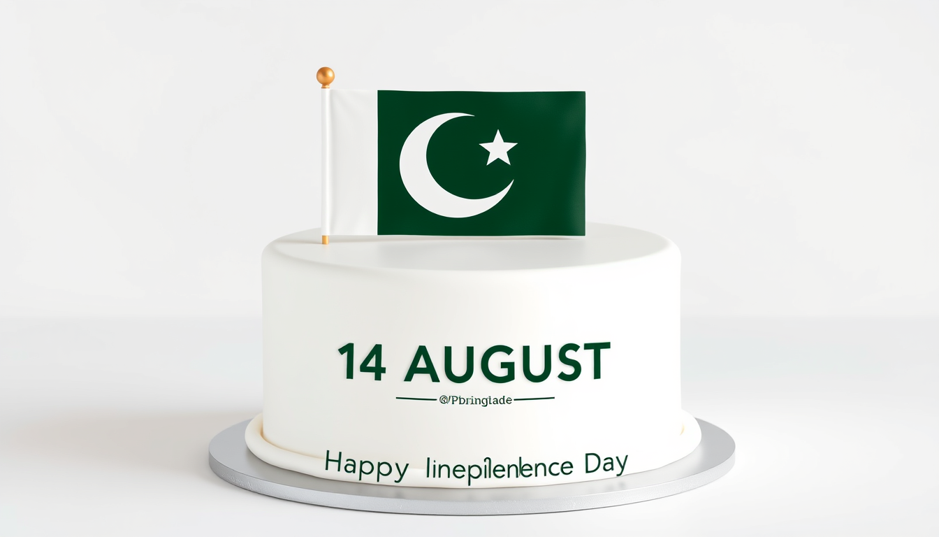 Main art studio: Premium realistic 14 August cake for WPBrigade. Elegant single-tier white fondant cake with Pakistan flag 🇵🇰 on top, accurate green field, white cre